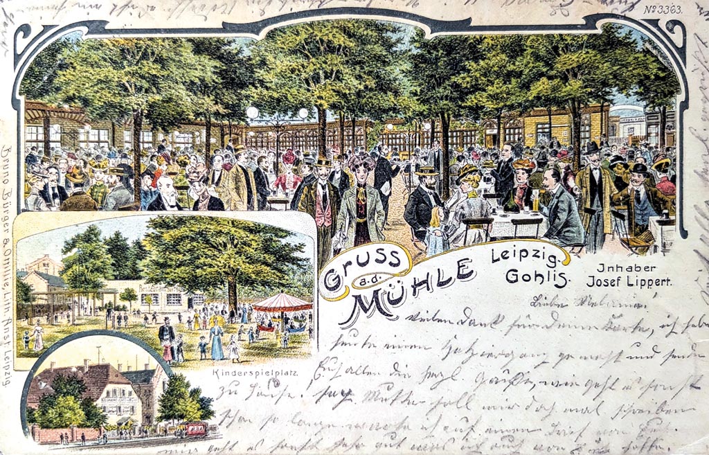 Die Gohliser Gastwirtschaft „Zur Mühle“, am 1. Februar 1893 Gründungsort von „Lipsia“, dem ältesten sächsischen Fußballverein, Postkarteum 1900