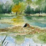Der Teich im Bretschneiderpark mit dem Entenhäuschen und Blick Richtung Kleiststraße © Regina Stamm