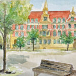 Das Eutritzscher Rathaus mit Bank im Vordergrund © Regina Stamm