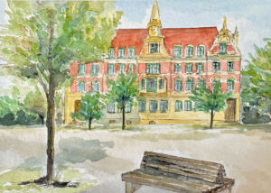 Das Eutritzscher Rathaus mit Bank im Vordergrund © Regina Stamm